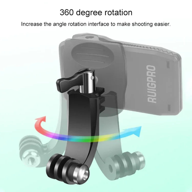 ขาติดตั้งแบบหมุน 360 องศา RUIGPRO J-Type สำหรับเป้สะพายหลัง พร้อมคลิปหนีบและสกรู สำหรับ GoPro HERO9 Black / HERO8 Black / HERO7 /6 /5, DJI Osmo Action, Xiaoyi และกล้องแอคชั่นอื่นๆ