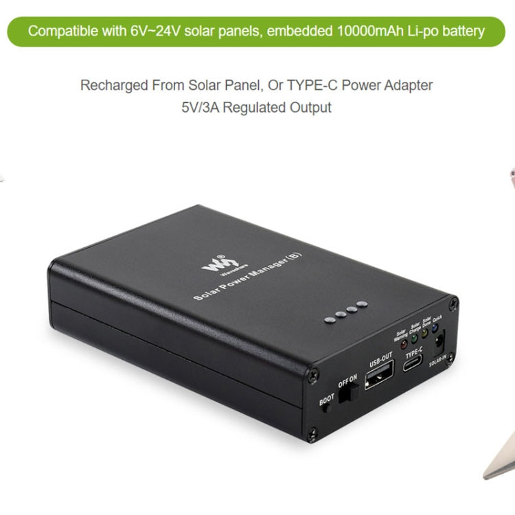 Waveshare ตัวจัดการพลังงานแสงอาทิตย์ แบตเตอรี่ Li-Po ในตัว 10000mAh รองรับแผงโซลาร์เซลล์ 6V~24V, 19799