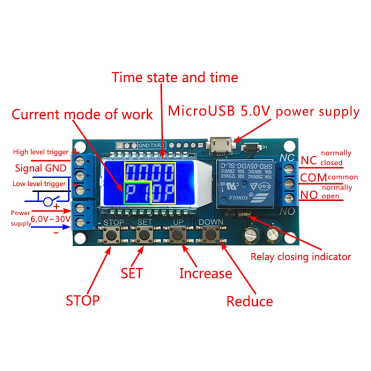 โมดูลรีเลย์หน่วงเวลาจอ LCD ดิจิทัล Micro USB XY-LJ02 6-30V ควบคุมสวิตช์ตั้งเวลา