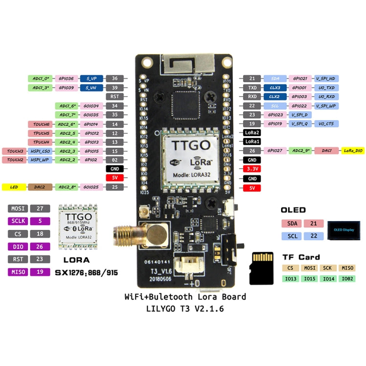 TTGO LORA32 V2.1 ESP32 จอ OLED 0.96 นิ้ว โมดูลบลูทูธ WiFi ไร้สาย 915MHz SMA IP5306 พร้อมเสาอากาศ, 915MHz