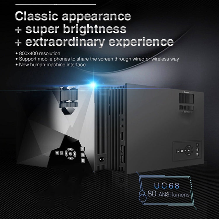 UC68 โปรเจคเตอร์ LED HD 1080P สำหรับโฮมเธียเตอร์มัลติมีเดีย 80ANSI 800x400 รองรับ USB/SD/HDMI/VGA/IR รุ่น UC68 800x400