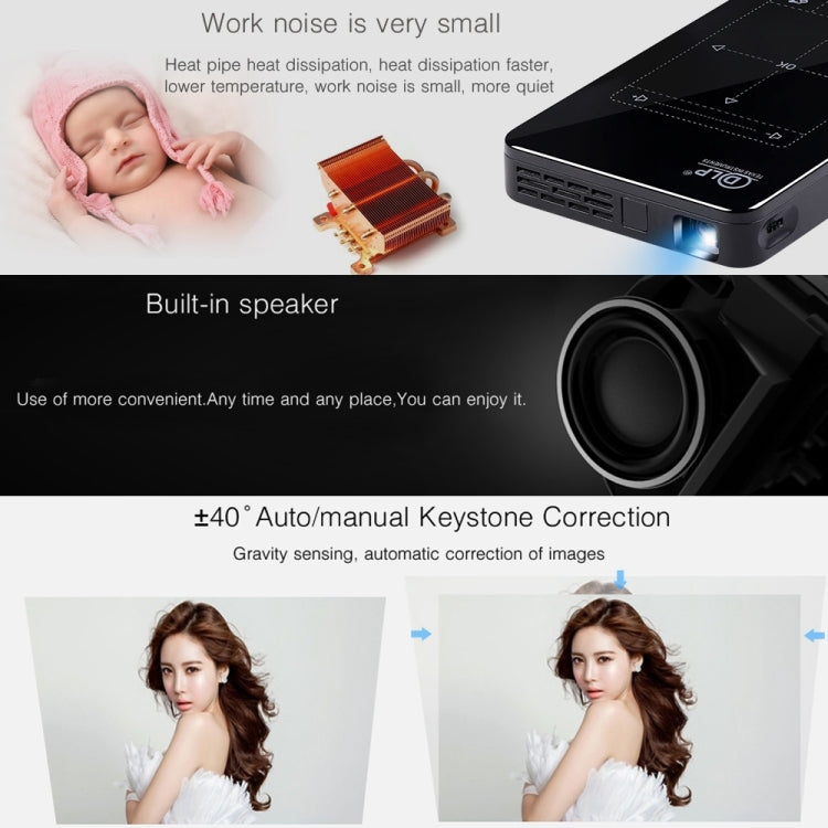 โปรเจคเตอร์อัจฉริยะพกพา P09 4K Ultra HD DLP พร้อมรีโมทอินฟราเรด Amlogic S905X 4-Core A53 ความเร็วสูงสุด 1.5GHz Android 6.0, 1GB+8GB รองรับ WiFi 2.4G/5G, บลูทูธ, การ์ด TF