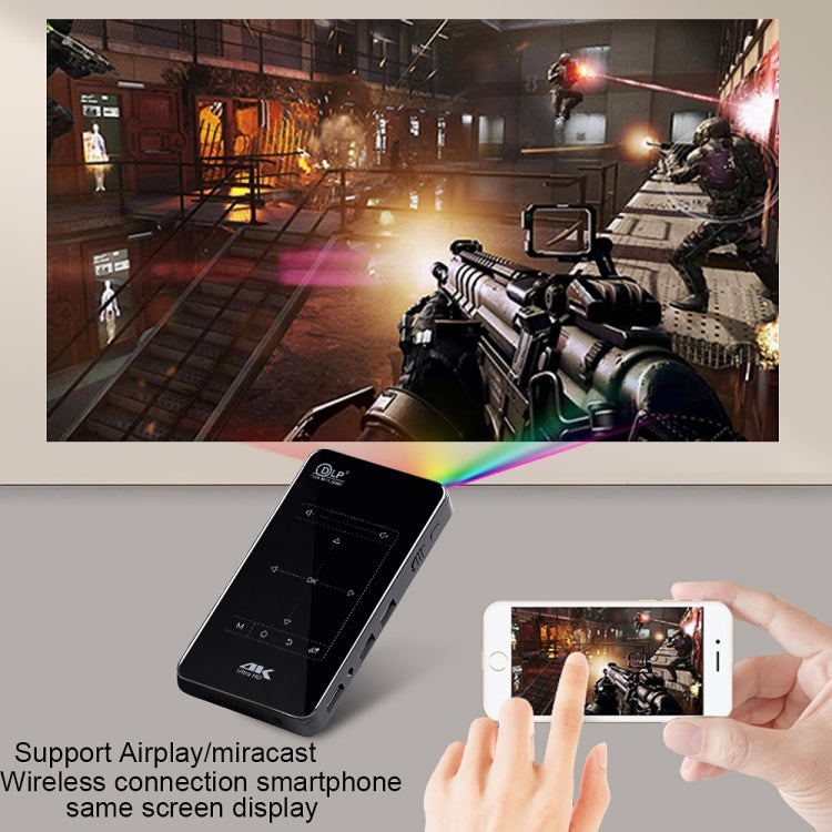 โปรเจคเตอร์อัจฉริยะพกพา P09 4K Ultra HD DLP พร้อมรีโมทอินฟราเรด Amlogic S905X 4-Core A53 ความเร็วสูงสุด 1.5GHz Android 6.0, 1GB+8GB รองรับ WiFi 2.4G/5G, บลูทูธ, การ์ด TF