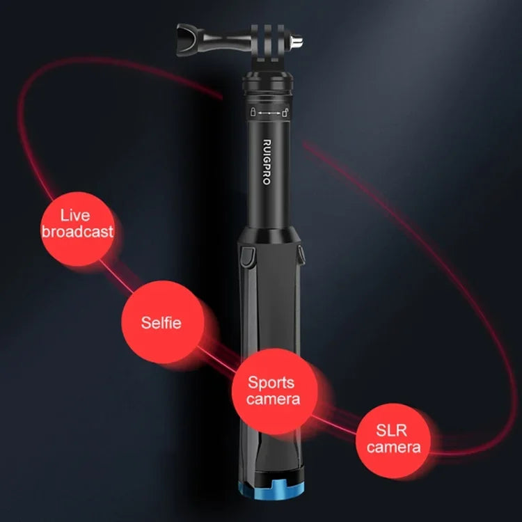 ขาตั้งกล้องมือถือแบบชิ้นเดียว RUIGPRO ไม้เซลฟี่แบบยืดหดได้สำหรับ GoPro, Insta360, DJI และกล้องแอคชันอื่นๆ สีดำ