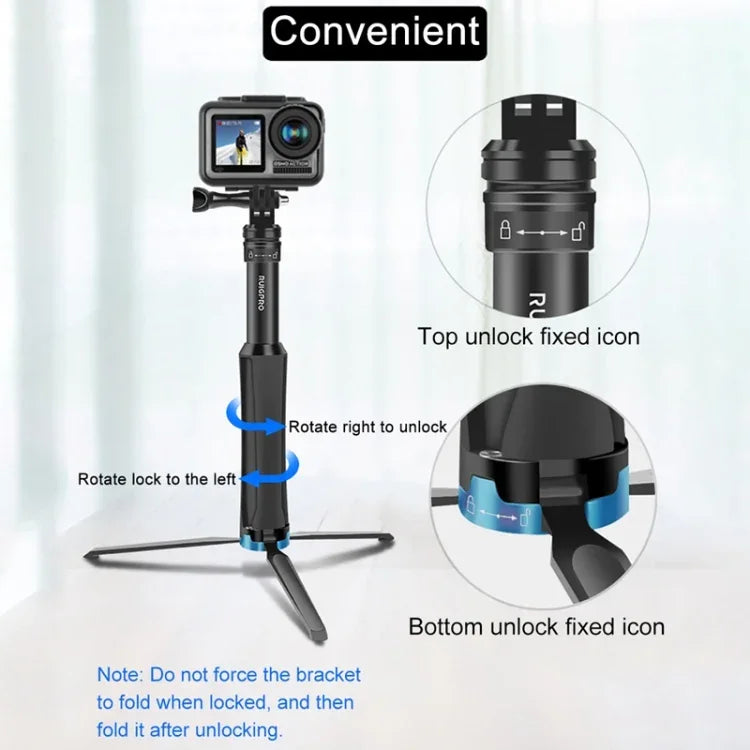 ขาตั้งกล้องมือถือแบบชิ้นเดียว RUIGPRO ไม้เซลฟี่แบบยืดหดได้สำหรับ GoPro, Insta360, DJI และกล้องแอคชันอื่นๆ สีดำ