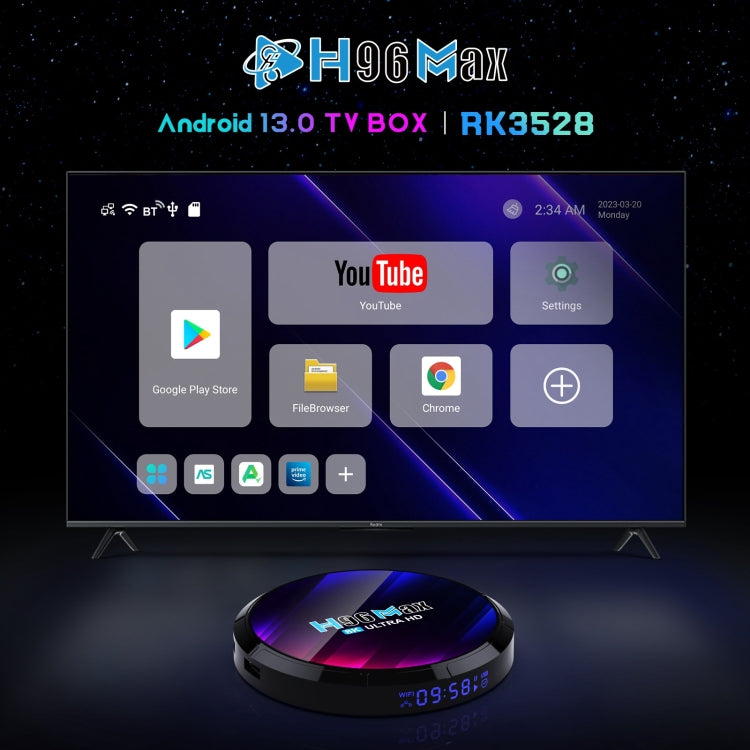 H96 Max สมาร์ททีวีบ็อกซ์ 8K Ultra HD Android 13.0 เครื่องเล่นมีเดียพร้อมรีโมทคอนโทรล, RK3528 Quad-Core, 4GB+64GB, 4GB+64GB
