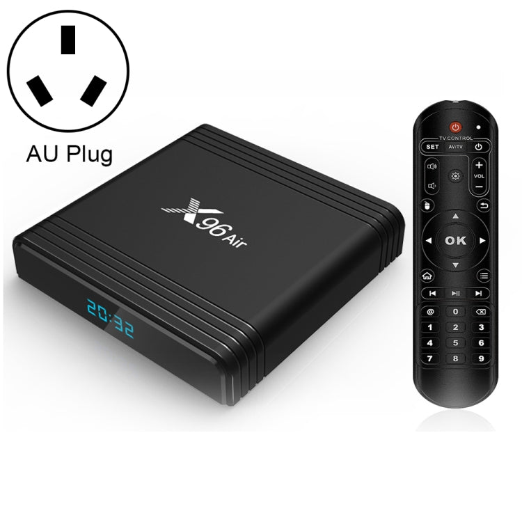 X96 Air 8K สมาร์ททีวีบ็อกซ์ Android 9.0 เครื่องเล่นมีเดียพร้อมรีโมทคอนโทรล, Quad-core Amlogic S905X3, RAM: 4GB, ROM: 32GB, WiFi สองย่านความถี่, บลูทูธ, ปลั๊ก AU, 4GB+32GB
