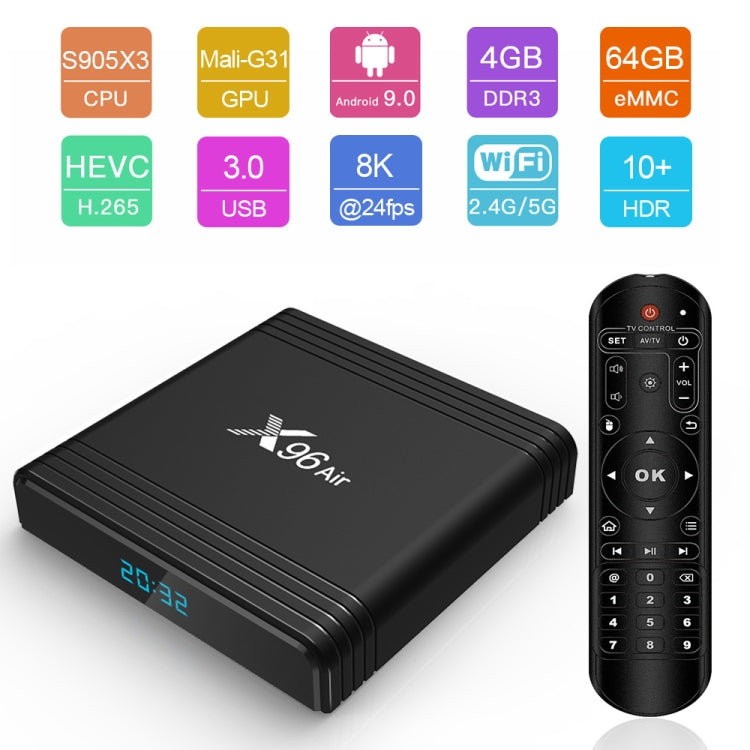 X96 Air 8K สมาร์ททีวีบ็อกซ์ Android 9.0 เครื่องเล่นมีเดียพร้อมรีโมทคอนโทรล, Quad-core Amlogic S905X3, RAM: 4GB, ROM: 32GB, WiFi สองย่านความถี่, บลูทูธ, ปลั๊ก AU, 4GB+32GB