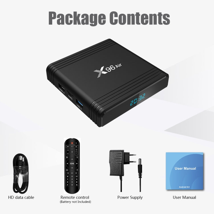X96 Air 8K สมาร์ททีวีบ็อกซ์ Android 9.0 เครื่องเล่นมีเดียพร้อมรีโมทคอนโทรล, Quad-core Amlogic S905X3, RAM: 4GB, ROM: 32GB, WiFi สองย่านความถี่, บลูทูธ, ปลั๊ก AU, 4GB+32GB