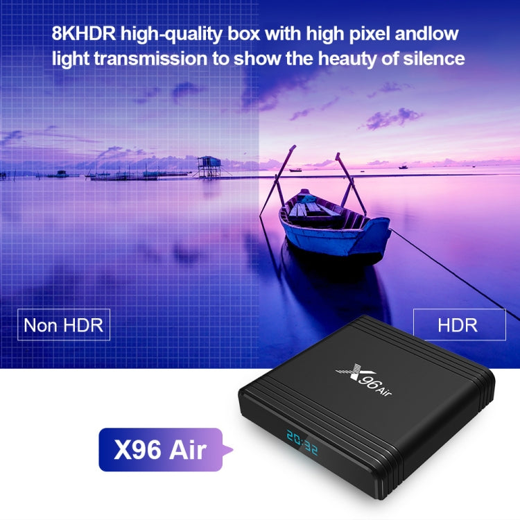 X96 Air 8K สมาร์ททีวีบ็อกซ์ Android 9.0 เครื่องเล่นมีเดียพร้อมรีโมทคอนโทรล, Quad-core Amlogic S905X3, RAM: 4GB, ROM: 32GB, WiFi สองย่านความถี่, บลูทูธ, ปลั๊ก AU, 4GB+32GB