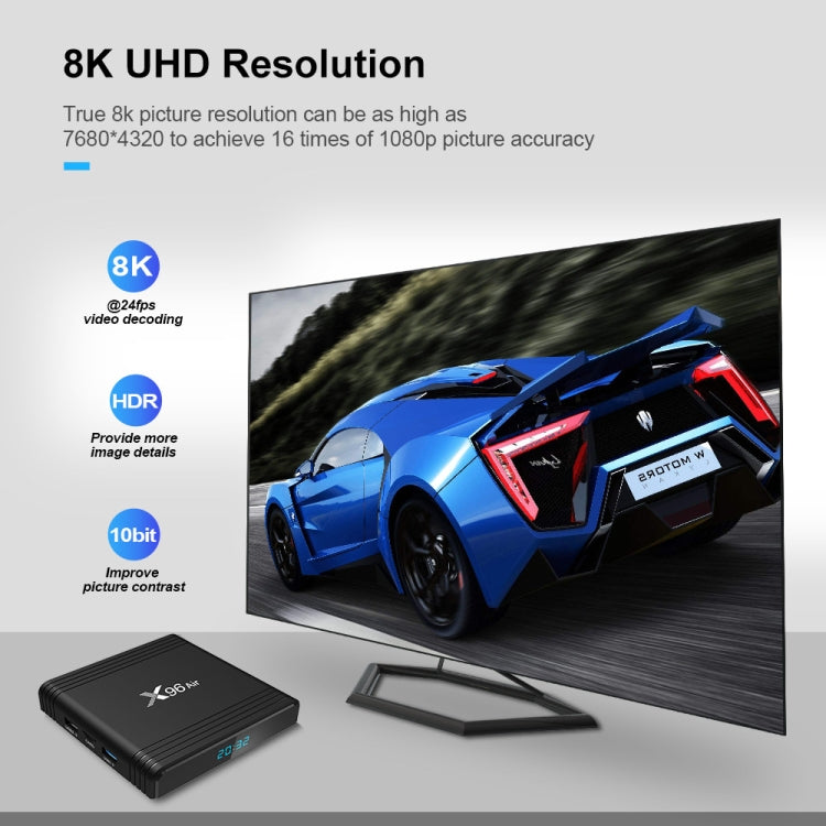 X96 Air 8K สมาร์ททีวีบ็อกซ์ Android 9.0 เครื่องเล่นมีเดียพร้อมรีโมทคอนโทรล, Quad-core Amlogic S905X3, RAM: 4GB, ROM: 32GB, WiFi สองย่านความถี่, บลูทูธ, ปลั๊ก AU, 4GB+32GB