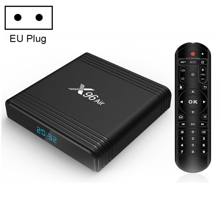 X96 Air 8K สมาร์ททีวีบ็อกซ์ Android 9.0 เครื่องเล่นมีเดียพร้อมรีโมทคอนโทรล, Quad-core Amlogic S905X3, RAM: 4GB, ROM: 32GB, WiFi สองย่านความถี่, บลูทูธ, ปลั๊ก AU, 4GB+32GB