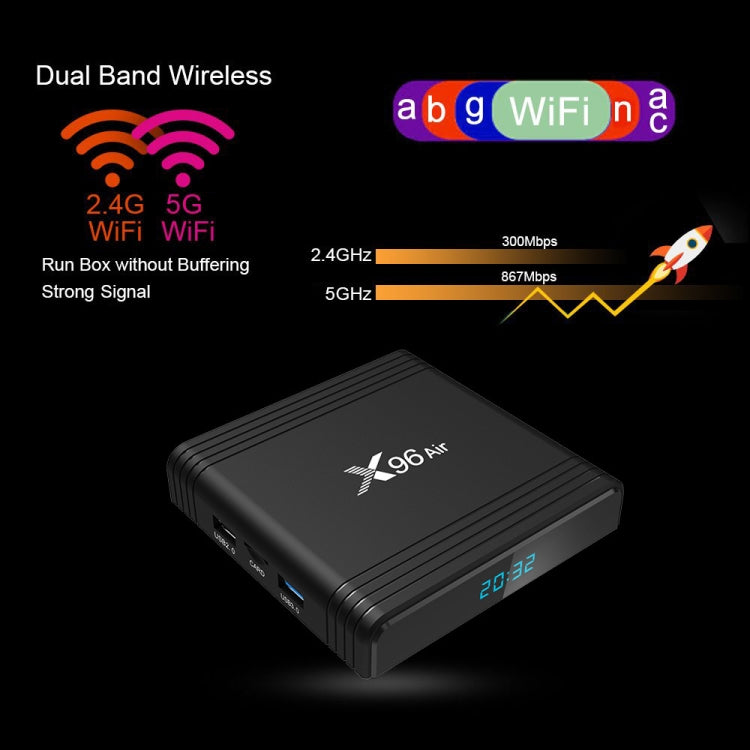 X96 Air 8K สมาร์ททีวีบ็อกซ์ Android 9.0 เครื่องเล่นมีเดียพร้อมรีโมทคอนโทรล, Quad-core Amlogic S905X3, RAM: 4GB, ROM: 64GB, WiFi สองย่านความถี่, บลูทูธ, ปลั๊ก AU, 4GB+64GB