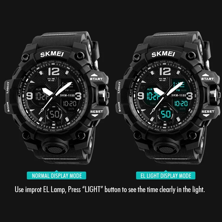 นาฬิกาข้อมือผู้ชาย SKMEI 1155B สำหรับกีฬากลางแจ้ง ฟังก์ชันหลากหลาย เรืองแสง กันน้ำ หน้าปัดใหญ่