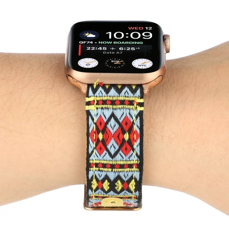 สายหนังลายชาติพันธุ์สำหรับ Apple Watch Series 6 & SE & 5 & 4 ขนาด 44 มม. / 3 & 2 & 1 ขนาด 42 มม., สำหรับ Apple Watch Series 7 ขนาด 45 มม. / 6 & SE & 5 & 4 ขนาด 44 มม. / 3 & 2 & 1 ขนาด 42 มม.