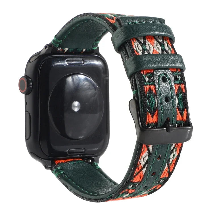 สายหนังลายชาติพันธุ์สำหรับ Apple Watch Series 6 & SE & 5 & 4 ขนาด 44 มม. / 3 & 2 & 1 ขนาด 42 มม., สำหรับ Apple Watch Series 7 ขนาด 45 มม. / 6 & SE & 5 & 4 ขนาด 44 มม. / 3 & 2 & 1 ขนาด 42 มม.