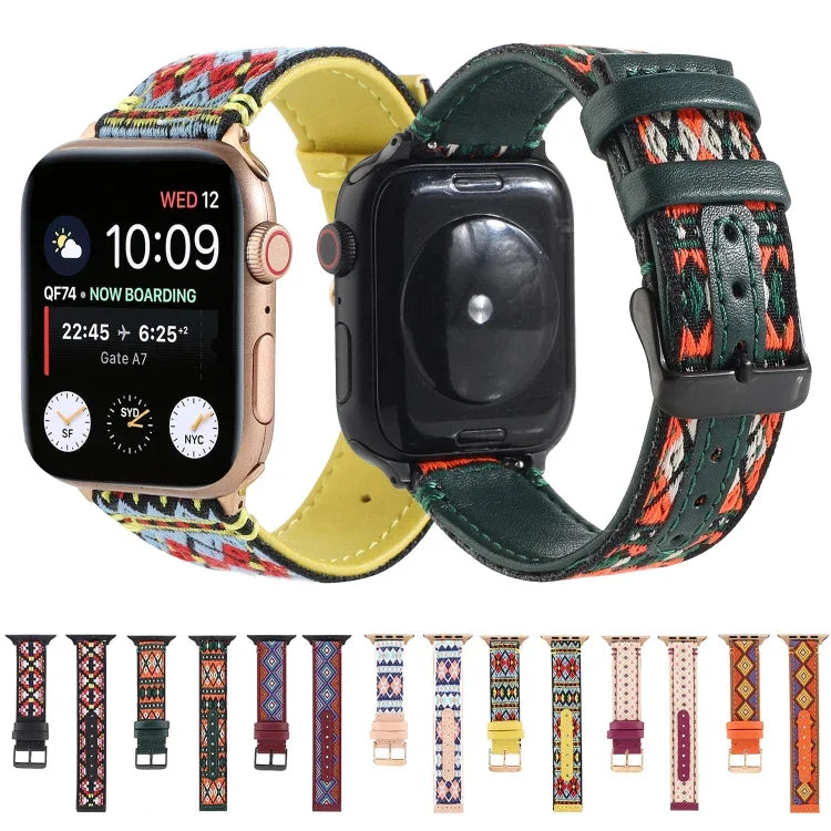 สายหนังลายชาติพันธุ์สำหรับ Apple Watch Series 6 & SE & 5 & 4 ขนาด 44 มม. / 3 & 2 & 1 ขนาด 42 มม., สำหรับ Apple Watch Series 7 ขนาด 45 มม. / 6 & SE & 5 & 4 ขนาด 44 มม. / 3 & 2 & 1 ขนาด 42 มม.