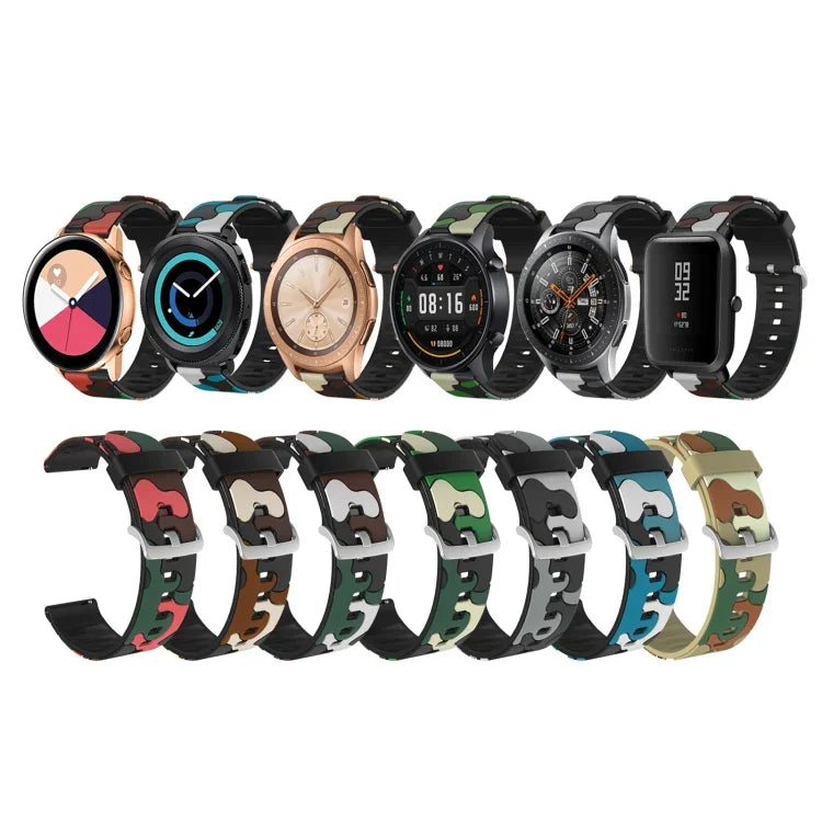 สายรัดข้อมือซิลิโคนลายพรางพร้อมหัวเข็มขัดเงิน ขนาด 20 มม. สำหรับ Samsung Galaxy Watch 3 41 มม., ขนาด 22 มม. สำหรับ Samsung Galaxy Watch 3 45 มม., ขนาด 20 มม. สำหรับ Samsung Galaxy Watch Active2 44 มม., ขนาด 20 มม. สำหรับ Huawei Watch GT 2 42 มม.
