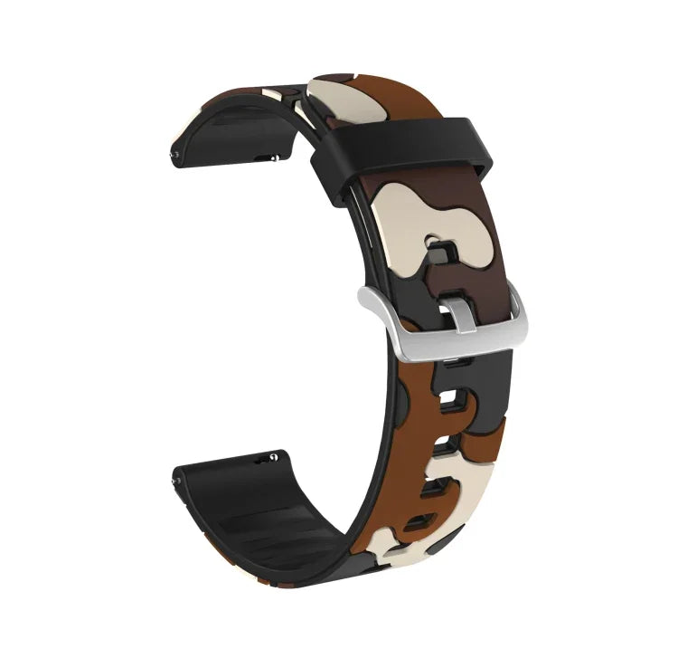 สายรัดข้อมือซิลิโคนลายพรางพร้อมหัวเข็มขัดเงิน ขนาด 20 มม. สำหรับ Samsung Galaxy Watch 3 41 มม., ขนาด 22 มม. สำหรับ Samsung Galaxy Watch 3 45 มม., ขนาด 20 มม. สำหรับ Samsung Galaxy Watch Active2 44 มม., ขนาด 20 มม. สำหรับ Huawei Watch GT 2 42 มม.