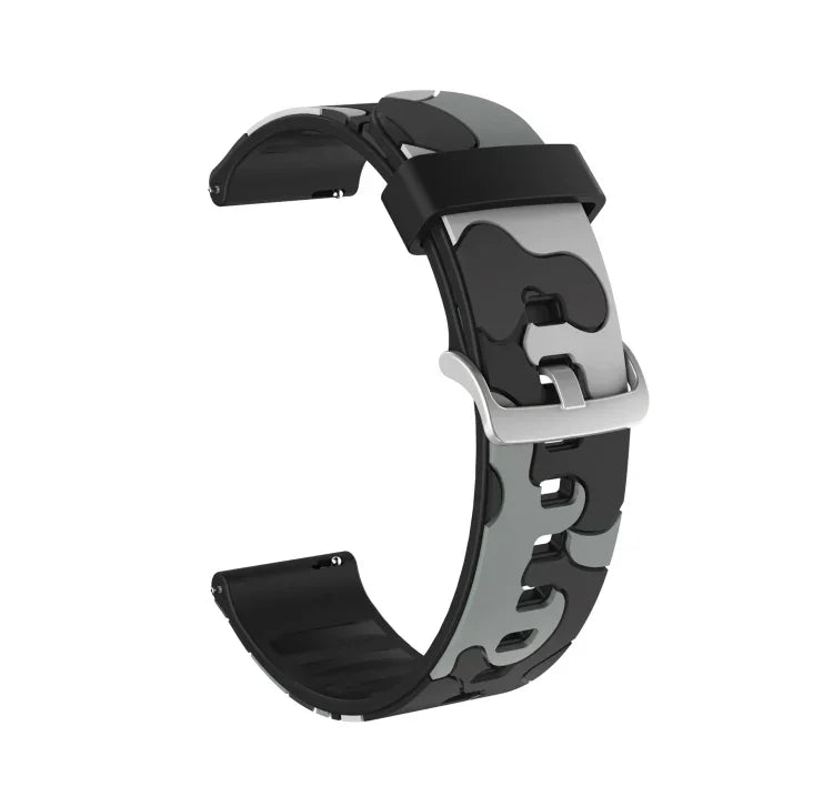 สายรัดข้อมือซิลิโคนลายพรางพร้อมหัวเข็มขัดเงิน ขนาด 20 มม. สำหรับ Samsung Galaxy Watch 3 41 มม., ขนาด 22 มม. สำหรับ Samsung Galaxy Watch 3 45 มม., ขนาด 20 มม. สำหรับ Samsung Galaxy Watch Active2 44 มม., ขนาด 20 มม. สำหรับ Huawei Watch GT 2 42 มม.