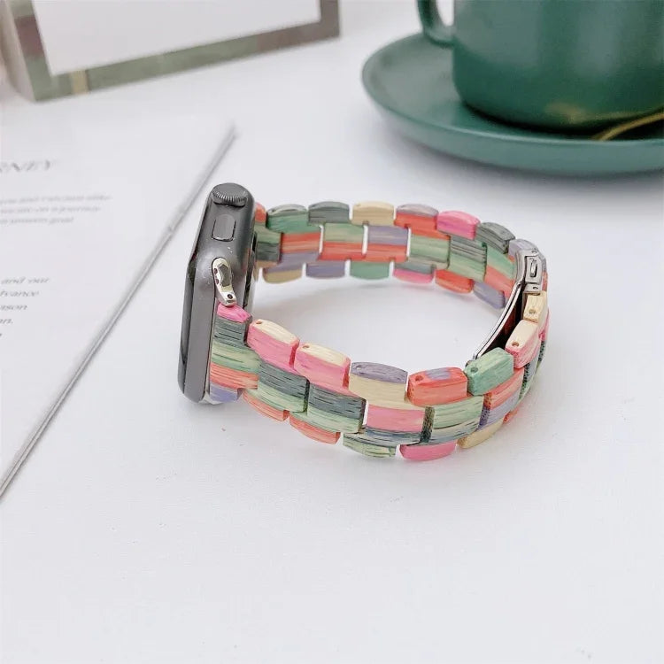 สายรัดข้อมือถักลูกปัดไม้สำหรับ Apple Watch Series 6 & SE & 5 & 4 44mm / 3 & 2 & 1 42mm, สำหรับ Apple Watch Ultra 49mm / Series 8&7 45mm / SE 2&6&SE&5&4 44mm / 3&2&1 42mm