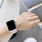 Transparent TPU watchband for Apple Watch worn on a wrist, showcasing its style and comfortable fit.