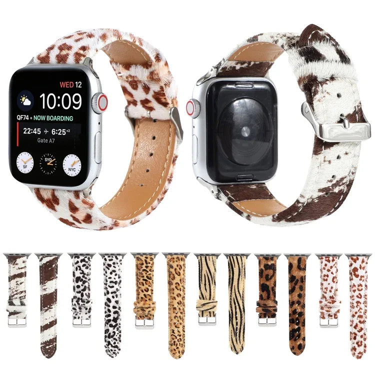 สายหนังลายเสือดาวขนม้าฟูฟ่อง สำหรับ Apple Watch Ultra 49mm / Series 8&7 45mm / SE 2&6&SE&5&4 44mm / 3&2&1 42mm, สำหรับ Apple Watch Series 8&7 41mm / SE 2&6&SE&5&4 40mm / 3&2&1 38mm