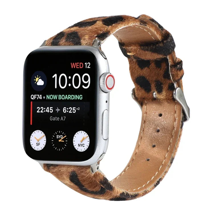 สายหนังลายเสือดาวขนม้าฟูฟ่อง สำหรับ Apple Watch Ultra 49mm / Series 8&7 45mm / SE 2&6&SE&5&4 44mm / 3&2&1 42mm, สำหรับ Apple Watch Series 8&7 41mm / SE 2&6&SE&5&4 40mm / 3&2&1 38mm