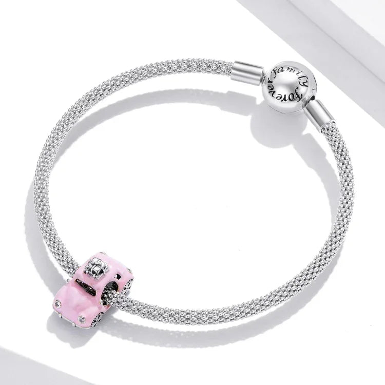 ลูกปัดรถสีชมพูเงินสเตอร์ลิง S925 อุปกรณ์ทำสร้อยข้อมือสร้อยคอ DIY ลายรถสีชมพู