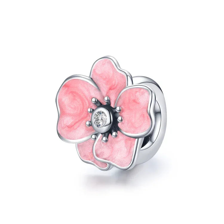 อุปกรณ์สร้อยข้อมือและสร้อยคอ DIY ลูกปัดดอกไม้สีชมพูเงินสเตอร์ลิง S925 ดอกไม้สีชมพู
