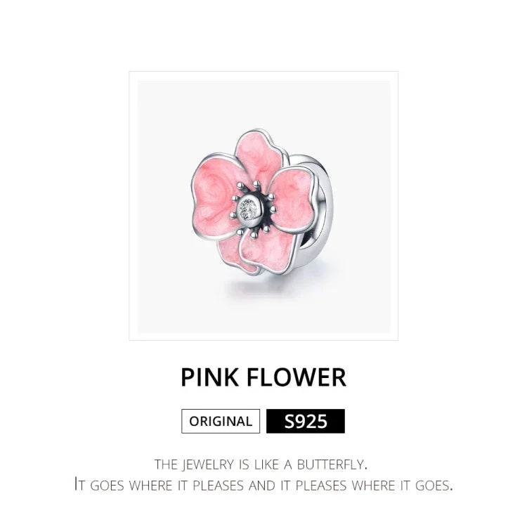 อุปกรณ์สร้อยข้อมือและสร้อยคอ DIY ลูกปัดดอกไม้สีชมพูเงินสเตอร์ลิง S925 ดอกไม้สีชมพู