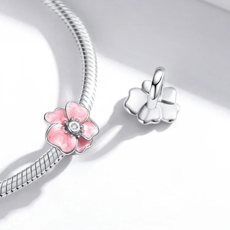 อุปกรณ์สร้อยข้อมือและสร้อยคอ DIY ลูกปัดดอกไม้สีชมพูเงินสเตอร์ลิง S925 ดอกไม้สีชมพู
