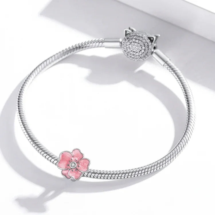 อุปกรณ์สร้อยข้อมือและสร้อยคอ DIY ลูกปัดดอกไม้สีชมพูเงินสเตอร์ลิง S925 ดอกไม้สีชมพู