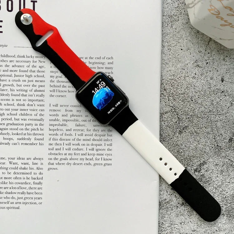 Silicone Color Matching Replacement Watchbands For Apple Watch Series 6 & SE & 5 & 4 40mm / 3 & 2 & 1 38mm, For Apple Watch 40mm/38mm(Black+Red+White), For Apple Watch 40mm/38mm(Red+White+Black), For Apple Watch 40mm/38mm(Light Blue+Dark Blue+Yellow)  ...