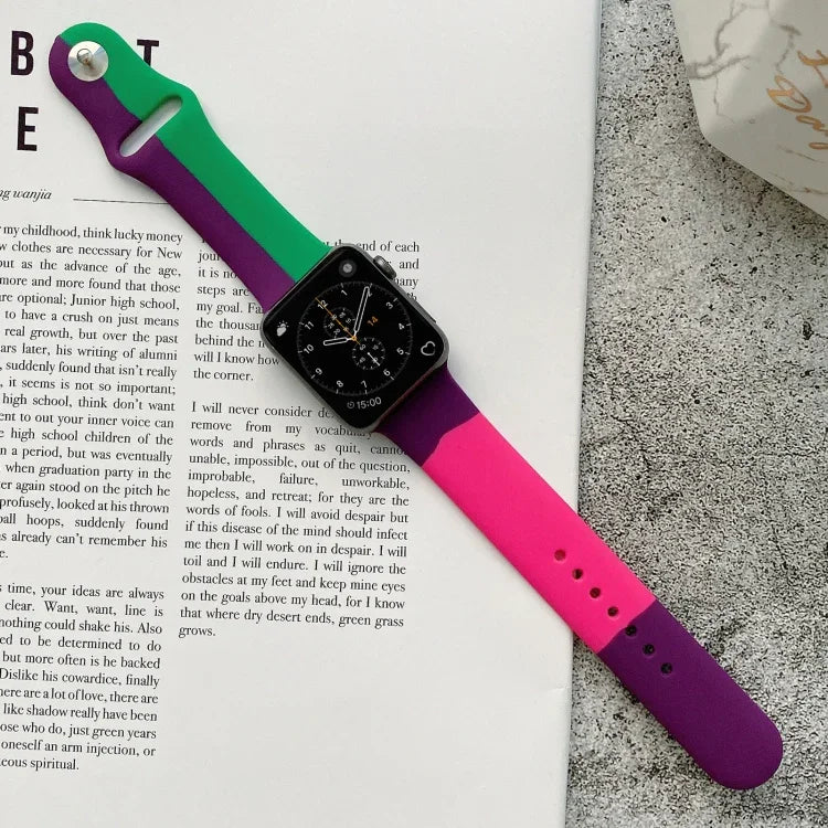 Silicone Color Matching Replacement Watchbands For Apple Watch Series 6 & SE & 5 & 4 40mm / 3 & 2 & 1 38mm, For Apple Watch 40mm/38mm(Black+Red+White), For Apple Watch 40mm/38mm(Red+White+Black), For Apple Watch 40mm/38mm(Light Blue+Dark Blue+Yellow)  ...