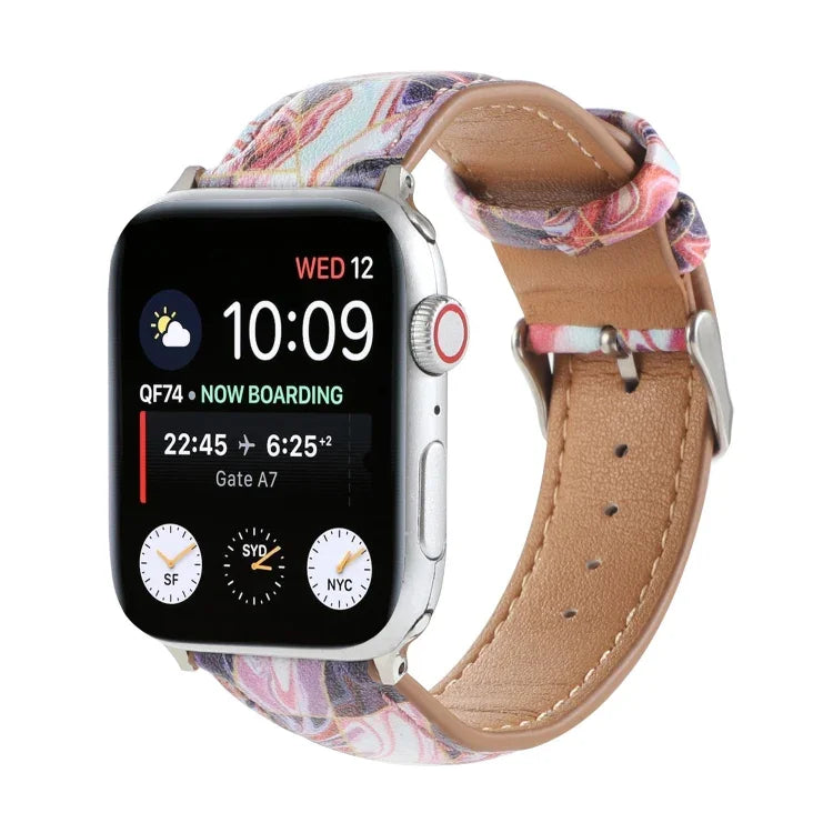 สายหนังพิมพ์ลายสไตล์ชาติพันธุ์หินอ่อน สำหรับ Apple Watch Series 6 & SE &, 5 & 4 ขนาด 44 มม. / 3 & 2 & 1 ขนาด 42 มม., 5 & 4 ขนาด 40 มม. / 3 & 2 & 1 ขนาด 38 มม.