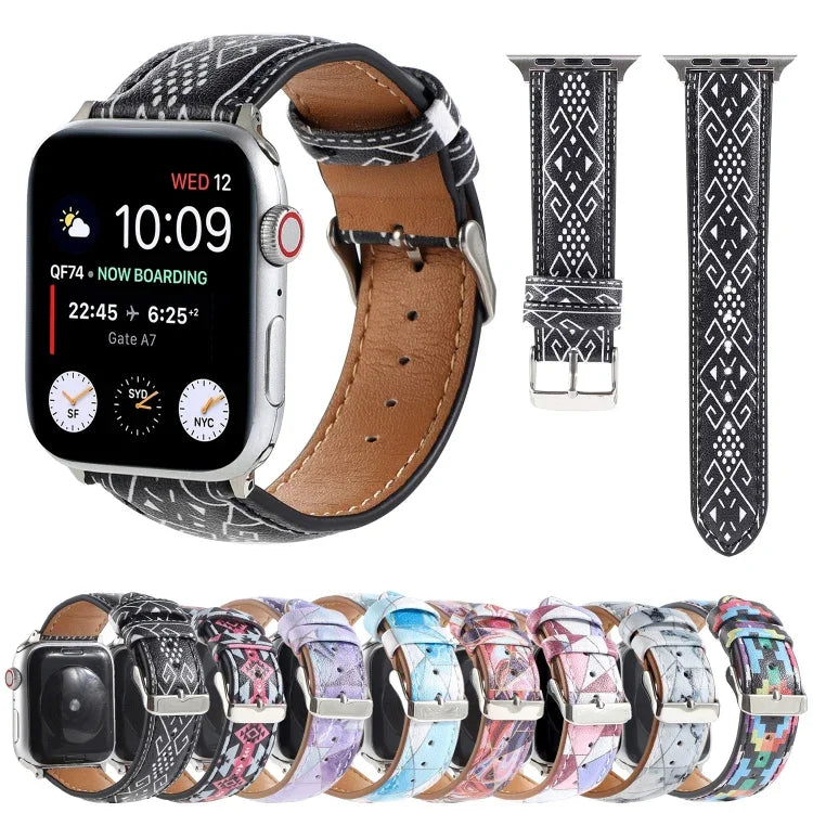 สายหนังพิมพ์ลายสไตล์ชาติพันธุ์หินอ่อน สำหรับ Apple Watch Series 6 & SE &, 5 & 4 ขนาด 44 มม. / 3 & 2 & 1 ขนาด 42 มม., 5 & 4 ขนาด 40 มม. / 3 & 2 & 1 ขนาด 38 มม.