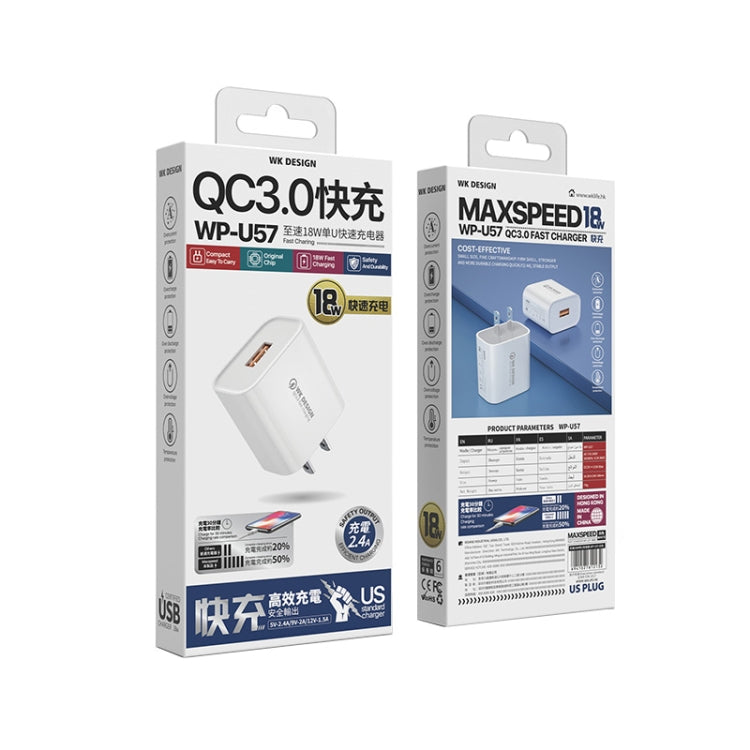WK WP-U57 ที่ชาร์จเร็ว 18W QC3.0 + สายข้อมูล USB เป็น Type-C / USB-C, ปลั๊ก US