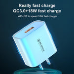 WK WP-U57 Max ที่ชาร์จเร็วสูงสุด 18W QC3.0 + สายข้อมูล USB เป็น 8 Pin, ปลั๊ก US, ปลั๊ก EU