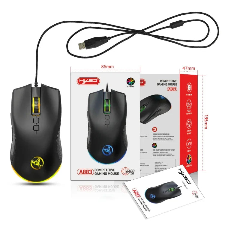 HXSJ A883 เมาส์เกมมิ่งมีสาย 7 ปุ่ม 6400DPI ไฟ RGB แบบกลไก