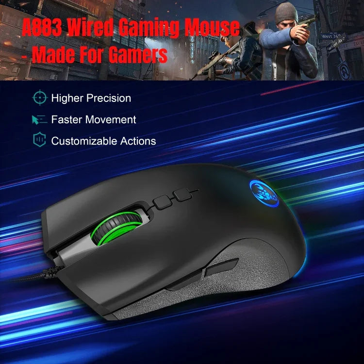 HXSJ A883 เมาส์เกมมิ่งมีสาย 7 ปุ่ม 6400DPI ไฟ RGB แบบกลไก