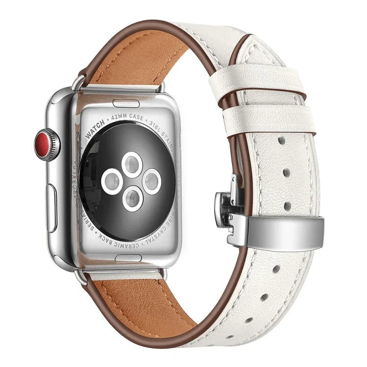 สายรัดนาฬิกาหนังแท้พร้อมหัวเข็มขัดเงินแบบผีเสื้อเปลี่ยนได้ สำหรับ Apple Watch Series 6 & SE & 5 & 4 ขนาด 44 มม. / 3 & 2 & 1 ขนาด 42 มม., หัวเข็มขัดเงินสำหรับ Apple Watch Series 7 ขนาด 45 มม. / 6 & SE & 5 & 4 ขนาด 44 มม. / 3 & 2 & 1 ขนาด 42 มม.