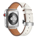 สายรัดนาฬิกาหนังแท้พร้อมหัวเข็มขัดเงินแบบผีเสื้อเปลี่ยนได้ สำหรับ Apple Watch Series 6 & SE & 5 & 4 ขนาด 44 มม. / 3 & 2 & 1 ขนาด 42 มม., หัวเข็มขัดเงินสำหรับ Apple Watch Series 7 ขนาด 45 มม. / 6 & SE & 5 & 4 ขนาด 44 มม. / 3 & 2 & 1 ขนาด 42 มม.