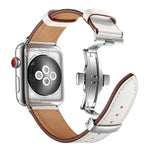 สายรัดนาฬิกาหนังแท้พร้อมหัวเข็มขัดเงินแบบผีเสื้อเปลี่ยนได้ สำหรับ Apple Watch Series 6 & SE & 5 & 4 ขนาด 44 มม. / 3 & 2 & 1 ขนาด 42 มม., หัวเข็มขัดเงินสำหรับ Apple Watch Series 7 ขนาด 45 มม. / 6 & SE & 5 & 4 ขนาด 44 มม. / 3 & 2 & 1 ขนาด 42 มม.