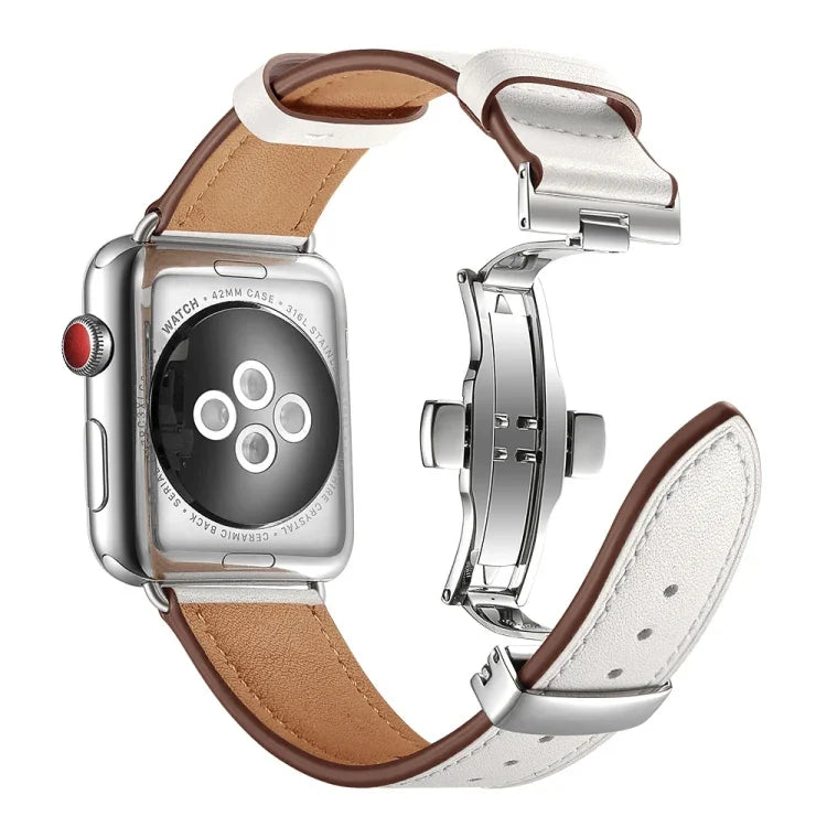 สายรัดนาฬิกาหนังแท้พร้อมหัวเข็มขัดเงินแบบผีเสื้อเปลี่ยนได้ สำหรับ Apple Watch Series 6 & SE & 5 & 4 ขนาด 44 มม. / 3 & 2 & 1 ขนาด 42 มม., หัวเข็มขัดเงินสำหรับ Apple Watch Series 7 ขนาด 45 มม. / 6 & SE & 5 & 4 ขนาด 44 มม. / 3 & 2 & 1 ขนาด 42 มม.
