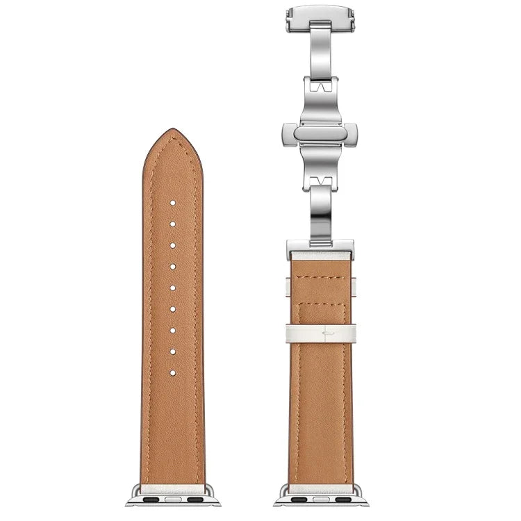 สายรัดนาฬิกาหนังแท้พร้อมหัวเข็มขัดเงินแบบผีเสื้อเปลี่ยนได้ สำหรับ Apple Watch Series 6 & SE & 5 & 4 ขนาด 44 มม. / 3 & 2 & 1 ขนาด 42 มม., หัวเข็มขัดเงินสำหรับ Apple Watch Series 7 ขนาด 45 มม. / 6 & SE & 5 & 4 ขนาด 44 มม. / 3 & 2 & 1 ขนาด 42 มม.