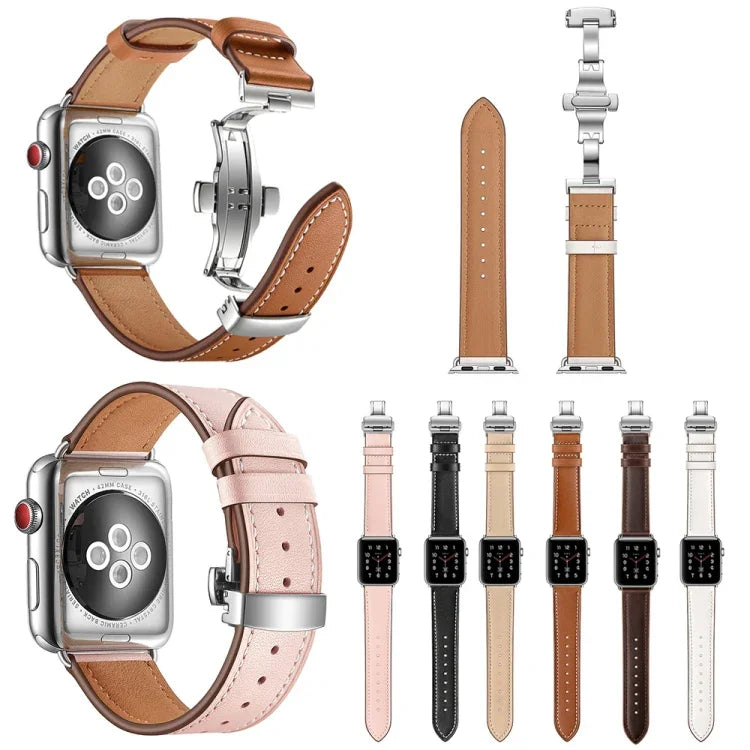 สายรัดนาฬิกาหนังแท้พร้อมหัวเข็มขัดเงินแบบผีเสื้อเปลี่ยนได้ สำหรับ Apple Watch Series 6 & SE & 5 & 4 ขนาด 44 มม. / 3 & 2 & 1 ขนาด 42 มม., หัวเข็มขัดเงินสำหรับ Apple Watch Series 7 ขนาด 45 มม. / 6 & SE & 5 & 4 ขนาด 44 มม. / 3 & 2 & 1 ขนาด 42 มม.