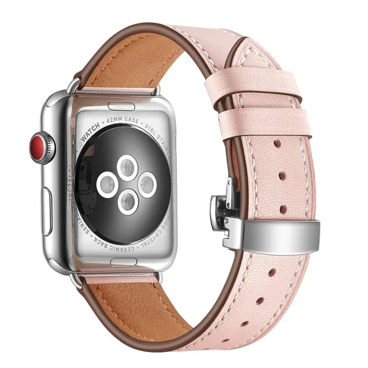 สายรัดนาฬิกาหนังแท้พร้อมหัวเข็มขัดเงินแบบผีเสื้อเปลี่ยนได้ สำหรับ Apple Watch Series 6 & SE & 5 & 4 ขนาด 40 มม. / 3 & 2 & 1 ขนาด 38 มม., หัวเข็มขัดเงินสำหรับ Apple Watch Series 7 ขนาด 41 มม. / 6 & SE & 5 & 4 ขนาด 40 มม. / 3 & 2 & 1 ขนาด 38 มม.
