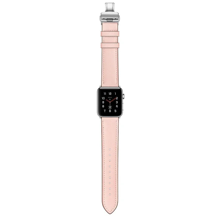 สายรัดนาฬิกาหนังแท้พร้อมหัวเข็มขัดเงินแบบผีเสื้อเปลี่ยนได้ สำหรับ Apple Watch Series 6 & SE & 5 & 4 ขนาด 40 มม. / 3 & 2 & 1 ขนาด 38 มม., หัวเข็มขัดเงินสำหรับ Apple Watch Series 7 ขนาด 41 มม. / 6 & SE & 5 & 4 ขนาด 40 มม. / 3 & 2 & 1 ขนาด 38 มม.