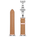 สายรัดนาฬิกาหนังแท้พร้อมหัวเข็มขัดเงินแบบผีเสื้อเปลี่ยนได้ สำหรับ Apple Watch Series 6 & SE & 5 & 4 ขนาด 40 มม. / 3 & 2 & 1 ขนาด 38 มม., หัวเข็มขัดเงินสำหรับ Apple Watch Series 7 ขนาด 41 มม. / 6 & SE & 5 & 4 ขนาด 40 มม. / 3 & 2 & 1 ขนาด 38 มม.